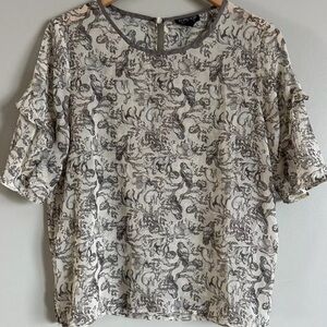 Top Shop Sheer Blouse Woodland Animals Ruffes Owl Fox Rabbit Hedgehog Size 8